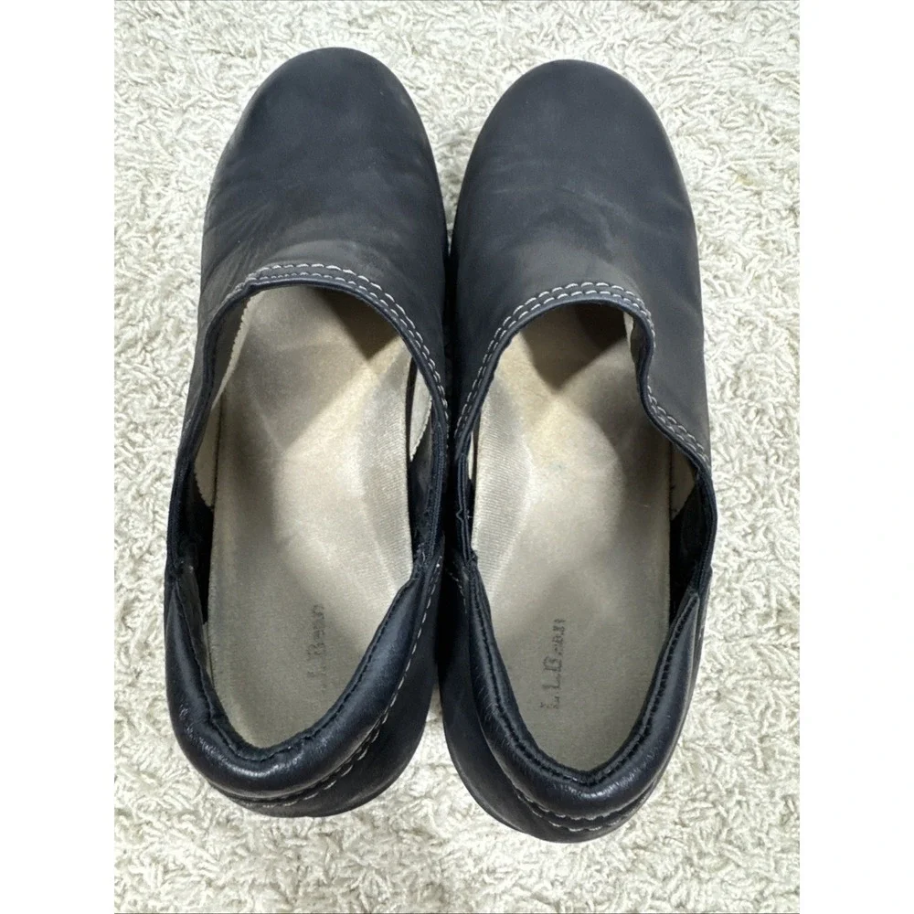 LL Bean Black Leather Slip-On Wedge Comfort Clog Shoes Women's 10 Support Nurse